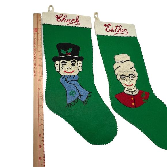1960s MCM Felt Crewel Christmas Stockings Set of 2 Victorian Lady Gentlemen MONO - Picture 10 of 11